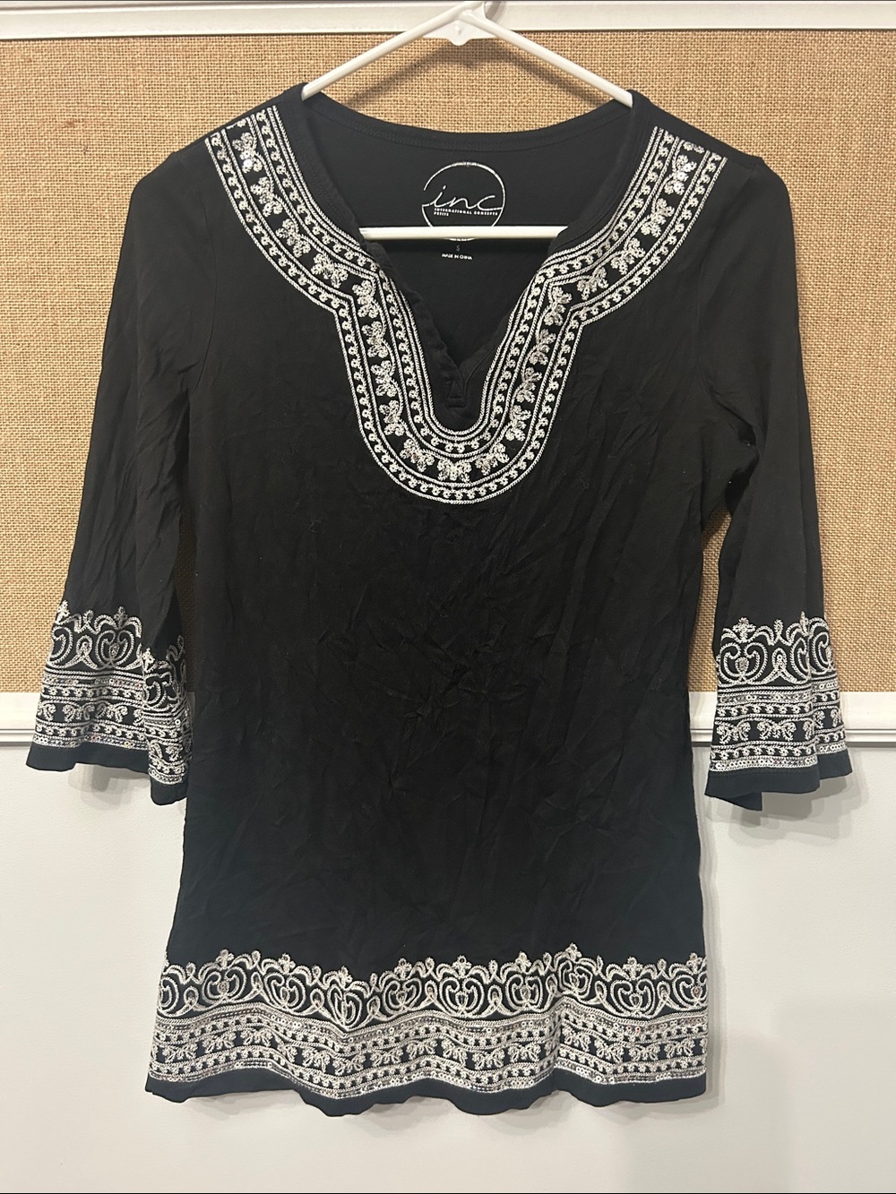 INC International Concepts Black V-Neck Tunic with White Embroidery